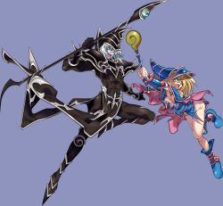 Rule 34 | 1boy, 1girl, abs, armor, bare legs, bare shoulders, blonde hair, blue footwear, blush, blush stickers, bodystocking, boots, breasts, choker, cleavage, curvy, dark magician, dark magician girl, duel monster, full body, green eyes, groin, hat, large breasts, legs, long hair, magical girl, misaka (missa), muscular, open mouth, pale skin, pentacle, shoulder armor, skirt, staff, vambraces, white hair, wizard hat, yu-gi-oh!, yuu-gi-ou, yu-gi-oh! duel monsters