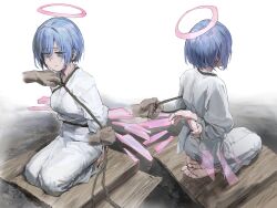 Rule 34 | 1girl, a tea, arknights, arms behind back, bdsm, blue hair, bondage, bound, breasts, detached wings, disembodied limb, energy wings, full body, halo, highres, how to, japanese clothes, looking at viewer, medium breasts, multiple views, seiza, shibari, short hair, sitting, spuria (arknights), wings, yellow eyes