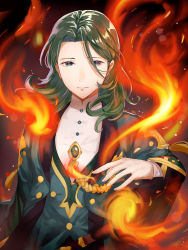 Rule 34 | 1boy, black background, closed mouth, commentary request, eyebrows hidden by hair, fire, fire emblem, fire emblem: three houses, green eyes, green hair, haru (nakajou-28), highres, linhardt von hevring, long hair, long sleeves, male focus, nintendo, simple background, solo, upper body