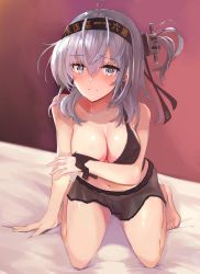 Rule 34 | 1girl, ahoge, anchor symbol, barefoot, bed sheet, bikini, bikini skirt, black bikini, black hair, black headband, blush, breasts, cleavage, clothes writing, collarbone, covering privates, covering breasts, eriyama e, frown, full body, hair ornament, headband, highres, indoors, jewelry, kantai collection, kneeling, large breasts, looking at viewer, navel, nose blush, on bed, one side up, purple eyes, ring, silver hair, solo, suzutsuki (kancolle), swimsuit, torn clothes, wedding ring