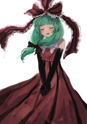 Rule 34 | 1girl, :d, black bow, black gloves, bow, closed eyes, dress, elbow gloves, facing viewer, frilled ribbon, frills, front ponytail, gloves, green hair, hair bow, hair ribbon, highres, himuhino, kagiyama hina, long hair, open mouth, own hands together, red dress, red ribbon, ribbon, simple background, skirt, smile, solo, striped clothes, striped skirt, touhou, vertical-striped clothes, vertical-striped skirt, white background