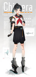 Rule 34 | 1girl, aqua hair, backpack, badge, bag, belt, black bag, black gloves, black hair, black sailor collar, black skirt, button badge, charm (object), collarbone, colored inner hair, commentary request, empty eyes, english text, full body, gills, gloves, hand up, headset, highres, id card, looking at viewer, mojibake text, multicolored hair, neckerchief, notched ear, original, parted lips, pleated skirt, pointy ears, red neckerchief, sailor collar, school uniform, serafuku, shark, sharp teeth, shirt, short sleeves, skirt, solo, standing, teeth, thick eyebrows, translation request, white hair, white shirt, zenmaibook