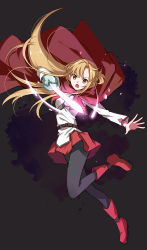 Rule 34 | 1girl, asuna (sao), belt, belt buckle, black pantyhose, blouse, boots, braid, brown background, brown belt, brown eyes, buckle, cape, floating hair, full body, highres, holding, holding sword, holding weapon, light brown hair, long hair, long sleeves, miniskirt, open mouth, pantyhose, pleated skirt, red cape, red footwear, red skirt, shirt, shoura, skirt, solo, standing, sword, sword art online, very long hair, weapon, white shirt