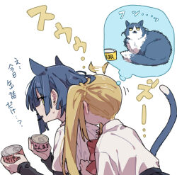 Rule 34 | 2girls, ahoge, animal ears, blonde hair, blue hair, bocchi the rock!, can, cat ears, cat tail, holding, holding can, ijichi nijika, long hair, multiple girls, one side up, open mouth, ree (re-19), shirt, short hair, short sleeves, simple background, tail, translation request, white background, white shirt, yamada ryo, yellow eyes