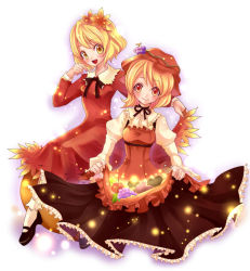 2girls aki_minoriko aki_shizuha autumn bad_id bad_pixiv_id blonde_hair bow dress female_focus food fruit hair_ornament haou hat leaf_hair_ornament multiple_girls siblings sisters touhou yellow_eyes