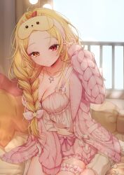 Rule 34 | 1girl, absurdres, bangs pinned back, bed sheet, blonde hair, blush, braid, breasts, camisole, cleavage, closed mouth, collarbone, commentary request, day, forehead, frilled camisole, frilled shorts, frills, heterochromia, highres, hoshikawa sara, hoshikawa sara (7th costume), indoors, ineka ka, jacket, jewelry, long hair, looking at viewer, medium breasts, midriff, navel, necklace, nijisanji, official alternate costume, official alternate hairstyle, on bed, open clothes, open jacket, pillow, pink camisole, pink jacket, pink shorts, red eyes, shorts, single braid, sitting, sleep mask, sleepwear, sleeves past fingers, sleeves past wrists, solo, star (symbol), star necklace, virtual youtuber, waking up, wariza, yellow eyes