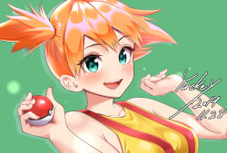Rule 34 | 1girl, :d, bad id, bad pixiv id, bare shoulders, blue eyes, blush, breasts, collarbone, creatures (company), dated, eyelashes, fingernails, game freak, green background, holding, holding poke ball, large breasts, misty (pokemon), nintendo, open mouth, orange hair, poke ball, poke ball (basic), pokemon, pokemon (anime), pokemon (classic anime), short hair, short sidetail, side ponytail, simple background, smile, solo, suspenders, upper body, yuckey