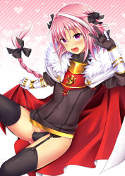 Rule 34 | 1boy, armor, astolfo (fate), braid, covered navel, erection, erection under clothes, fang, fate/apocrypha, fate/grand order, fate (series), garter belt, gauntlets, hair ribbon, male focus, menokonome, multicolored hair, open mouth, penis, penis peek, pink eyes, pink hair, ribbon, solo, streaked hair, thighhighs, trap
