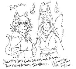Rule 34 | 2girls, :3, animal ears, bakeneko, bb (baalbuddy), cat ears, cat tail, character name, closed eyes, closed mouth, commentary, english commentary, english text, facial mark, fox tail, greyscale, hands in opposite sleeves, highres, inari, long hair, monochrome, multiple girls, original, simple background, slit pupils, smi, smile, tail, traditional youkai, whisker markings, white background