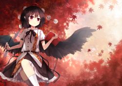 Rule 34 | 1girl, autumn leaves, bad id, bad pixiv id, black bow, black bowtie, black hair, black skirt, black wings, book, bow, bowtie, feathered wings, frilled skirt, frills, hat, highres, leaf, leaf print, maple leaf, nib pen (object), pen, pointy ears, puffy short sleeves, puffy sleeves, red eyes, red hat, shameimaru aya, shirt, short hair, short sleeves, skirt, smile, solo, thkani, tokin hat, touhou, tree, white legwear, white shirt, wings