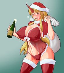 Rule 34 | 1girl, babydoll, bad id, bad nicoseiga id, blonde hair, blush, bottle, breasts, breath, capelet, christmas, covered erect nipples, dashigarayama, drunk, fang, female focus, gradient background, hat, heavy breathing, horns, hoshiguma yuugi, huge breasts, long hair, navel, open mouth, panties, pointy ears, red eyes, red panties, red thighhighs, sack, santa hat, simple background, single horn, smile, solo, thighhighs, touhou, underwear