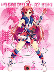 Rule 34 | 1girl, ahoge, android, belt, blush, boots, dress, electric guitar, female focus, full body, gibson flying v, gloves, guitar, halftone, halftone background, headphones, headset, instrument, joints, kneehighs, long hair, multicolored clothes, multicolored legwear, nana (732 kaiten), red eyes, red hair, robot joints, sf-a2 miki, socks, solo, star (symbol), striped clothes, striped gloves, striped socks, very long hair, vocaloid, wrist cuffs, zoom layer
