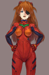 Rule 34 | 00s, 10s, 1girl, blue eyes, breasts, breasts apart, curvy, evangelion: 2.0 you can (not) advance, evangelion: 3.0 you can (not) redo, eyepatch, face, grey background, hair between eyes, hair ornament, hands on own hips, legs apart, long hair, neon genesis evangelion, open mouth, orange hair, parted bangs, plugsuit, rebuild of evangelion, shirabi, simple background, skin tight, solo, souryuu asuka langley, standing, teeth, two side up, upper teeth only, wide hips