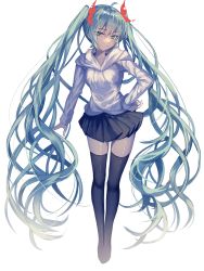 Rule 34 | 1girl, black skirt, black thighhighs, blue eyes, blue hair, deep (deep4946), floating hair, full body, hair between eyes, hair ribbon, hand on own hip, hatsune miku, highres, long hair, miniskirt, pleated skirt, red ribbon, ribbon, shiny clothes, shiny skin, skirt, solo, standing, sweater, thighhighs, twintails, very long hair, vocaloid, white sweater, zettai ryouiki