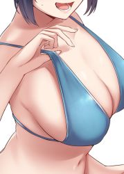 Rule 34 | 1girl, bare arms, bare shoulders, bikini, black hair, blue bikini, breasts, cleavage, head out of frame, highres, kantai collection, kiritto, large breasts, navel, open mouth, short hair, simple background, solo, swimsuit, takao (kancolle), white background