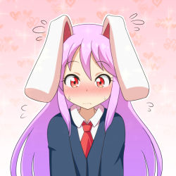 Rule 34 | 1girl, animal ears, blush, cato (monocatienus), commentary request, embarrassed, flying sweatdrops, frown, gradient background, heart, heart background, long hair, necktie, nose blush, outline, pink background, pink hair, rabbit ears, red eyes, red necktie, reisen udongein inaba, simple background, solo, sweatdrop, touhou, upper body, wavy mouth, white outline