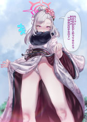 Rule 34 | +++, 1girl, :o, absurdres, blue archive, blush, breasts, cameltoe, cloud, commentary request, feet out of frame, flower, from below, fur collar, grey hair, groin, hair bun, hair flower, hair ornament, half-closed eyes, halo, highres, japanese clothes, kimono, lifting own clothes, long hair, looking at viewer, mutsuki (blue archive), mutsuki (new year) (blue archive), nose blush, obi, open mouth, outdoors, panties, purple eyes, sash, shuru y, single hair bun, small breasts, solo, speech bubble, standing, translation request, underwear, white panties
