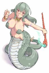 Rule 34 | 00s, 1girl, armlet, bespectacled, breasts, curvy, forked tongue, glasses, jewelry, lamia, large breasts, long hair, monster girl, navel, necklace, aged up, red eyes, rozen maiden, scales, silver hair, solo, staff, suigintou, tail, tattoo, tongue, tsuda nanafushi