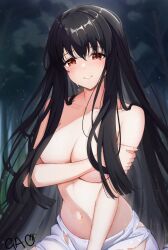 Rule 34 | 1girl, animal ears, black hair, breasts, choppy bangs, covering breasts, covering privates, crying, crying with eyes open, evergreen:d, gao kawa, hair censor, large breasts, long hair, navel, nude cover, rabbit ears, signature, solo, tears, topless, torn clothes, very long hair