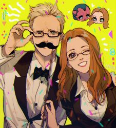 Rule 34 | 1boy, 1girl, black bow, black bowtie, black jacket, blonde hair, blue eyes, blush stickers, bow, bowtie, brown hair, buttons, closed mouth, collared jacket, collared shirt, colored skin, commentary, confetti, dated, english commentary, fake facial hair, fake mustache, fingernails, glasses, green skin, grey eyes, hand on another&#039;s shoulder, hand up, hands up, heart, highres, holding, jacket, lips, long hair, long sleeves, looking at viewer, marvel, marvel cinematic universe, multicolored skin, one eye closed, open clothes, open jacket, open mouth, qin (7833198), red lips, red skin, shirt, short hair, simple background, smile, standing, teeth, vision (marvel), wanda maximoff, wandavision, white jacket, white shirt, yellow background