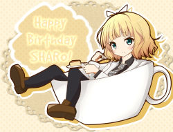 Rule 34 | 1girl, aqua eyes, black hairband, black pantyhose, black shirt, blazer, blonde hair, blunt bangs, blush, brown footwear, cake, character name, closed mouth, coffee cup, collared shirt, commentary request, cup, disposable cup, doily, english text, food, fork, gochuumon wa usagi desu ka?, grey necktie, hairband, happy birthday, holding, holding fork, holding plate, in container, in cup, jacket, kirima syaro, loafers, long sleeves, looking at viewer, mini person, minigirl, necktie, pantyhose, plaid, plaid necktie, plaid neckwear, plate, polka dot, polka dot background, school uniform, shirt, shoes, short hair, silhouette, smile, solo, wavy hair, wing collar, yellow background, zayaku (zayakuzazai)