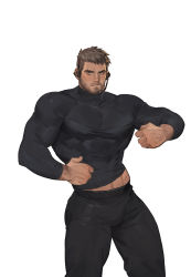 Rule 34 | 1boy, absurdres, amo (amo9612), bara, beard, black pants, brown hair, bulge, chris redfield, clothes lift, covered abs, covered erect nipples, facial hair, feet out of frame, headphones, highres, large pectorals, lifting own clothes, looking at viewer, male focus, mature male, midriff peek, muscular, muscular male, navel hair, paid reward available, pants, pectorals, resident evil, resident evil 5, shirt, shirt lift, short hair, skin tight, solo, stubble, taut clothes, taut shirt, thick thighs, thighs, tight clothes, tight pants, undercut