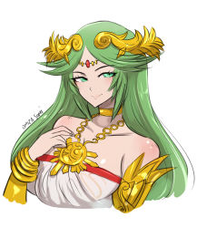 Rule 34 | 1girl, bracelet, breasts, close-up, collarbone, dress, eyelashes, forehead jewel, green eyes, green hair, hand on own chest, highres, jewelry, kid icarus, kid icarus uprising, large breasts, laurel crown, light blush, light smile, long hair, long neck, looking away, neck ring, necklace, nintendo, omiza somi, palutena, parted bangs, pendant, resolution mismatch, simple background, smile, solo, source smaller, swept bangs, tiara, upper body, vambraces, white background, white dress