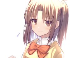 Rule 34 | 1girl, bad id, bad pixiv id, brown eyes, brown hair, eyebrows hidden by hair, ji-logg, long hair, looking at viewer, ribbon, school uniform, shirt, simple background, smile, solo, sweat, tohno shiki, tsukihime, twintails, white background