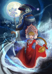 Rule 34 | 1boy, 1girl, beard, blue eyes, bow, braid, ded moroz, dress, earmuffs, facial hair, hat, headwear request, highres, looking at viewer, looking to the side, moon, night, night sky, old, old man, open mouth, original, outdoors, red bow, red dress, russian, russian (nationality), russian clothes, shingoku no valhalla gate, skirt hold, sky, slavic mythology, smile, snegurochka (mythology), snowflakes, staff, standing, syuma i, tree, wide sleeves