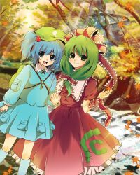 Rule 34 | 2girls, :d, autumn, backpack, bad id, bad pixiv id, bag, blue eyes, blue hair, bow, dress, female focus, frills, front ponytail, green eyes, green hair, hair bobbles, hair bow, hair ornament, holding hands, hat, highres, interlocked fingers, kagiyama hina, kawashiro nitori, key, leaf, light rays, long hair, multiple girls, open mouth, own hands together, randoseru, ribbon, rio 666, river, short hair, smile, sparkle, sunbeam, sunlight, touhou, twintails, two side up, water