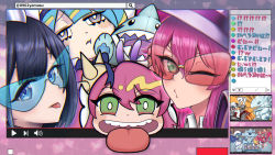 Rule 34 | !?, 4girls, absurdres, blonde hair, blue-eyes white dragon, blue-tinted eyewear, blue eyes, blue hair, blunt bangs, bright pupils, bunny ears prank, chat log, check commentary, commentary request, dual persona, duel monster, evil twin ki-sikil, evil twin lil-la, glasses, gloves, green eyes, grey eyes, hair between eyes, hat, highres, kaibaman, ki-sikil (yu-gi-oh!), large hat, lil-la (yu-gi-oh!), live twin, live twin ki-sikil, live twin lil-la, livestream, long hair, looking at viewer, meme, multicolored hair, multiple girls, obelisk the tormentor, one eye closed, open mouth, outside border, parody, pink-tinted eyewear, pink hair, puckered lips, purple vest, sailor hat, search bar, short hair, sidelocks, smile, stuffed animal, stuffed shark, stuffed toy, teeth, tinted eyewear, tongue, tongue out, twintails, twitter username, upper body, upper teeth only, v, vest, white headwear, white pupils, yamasu (tmy-0902), youtube, yu-gi-oh!