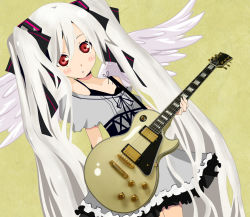 Rule 34 | 1girl, :o, albino (vocaloid), ameria1118, angel wings, bad id, bad pixiv id, dress, female focus, guitar, hair ribbon, hatsune miku, instrument, long hair, red eyes, ribbon, solo, twintails, very long hair, vocaloid, white hair, wings
