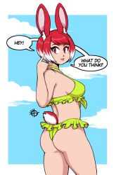 Rule 34 | 1girl, animal ears, ass, bikini, blush, breasts, rabbit ears, rabbit tail, choker, english text, eyebrows, highres, index finger raised, large breasts, looking at viewer, multicolored hair, original, parted lips, pointing, pointing at self, rabbit girl, red eyes, red hair, short hair, sideboob, smile, solo, speech bubble, swimsuit, taggo, tail, two-tone hair, white hair