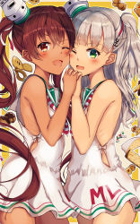 Rule 34 | 2girls, ;d, anchor hair ornament, bare arms, bare shoulders, blush, bow, cheek-to-cheek, cheese, chocolate, clothes writing, commentary request, cookie, cowboy shot, dark-skinned female, dark skin, dress, fang, food, green eyes, grey hair, hair between eyes, hair ornament, hat, heads together, highres, interlocked fingers, kantai collection, libeccio (kancolle), long hair, looking at viewer, maestrale (kancolle), mini hat, multiple girls, natsu narumi, neckerchief, one eye closed, one side up, open mouth, red eyes, ribbon, sailor collar, sailor dress, sleeveless, sleeveless dress, smile, striped neckerchief, striped neckwear, thighs, twintails, two-tone background, white background, white bow, white dress, white hat, white ribbon, white sailor collar