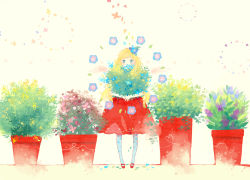 Rule 34 | 1girl, arms around waist, blonde hair, blue eyes, female focus, floral background, flower, flower pot, full body, highres, holding, leaf, long hair, mig (36th underground), original, plant, potted plant, red skirt, skirt, solo, standing, wings