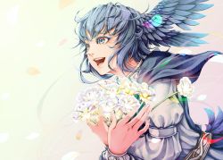 Rule 34 | 1girl, bird girl, bird tail, blue capelet, blue eyes, blue hair, capelet, feathered wings, final fantasy, final fantasy xiv, flower, glowing flower, head wings, highres, meteion, mihira (tainosugatayaki), open mouth, petals, short hair, solo, tail, upper body, wings