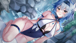 Rule 34 | 1girl, bare shoulders, black hairband, blue hair, blush, breasts, eric (tianqijiang), eula (genshin impact), genshin impact, hair ornament, hairband, highres, large breasts, looking at viewer, medium hair, purple eyes, revision, sidelocks, smile, solo, thighs