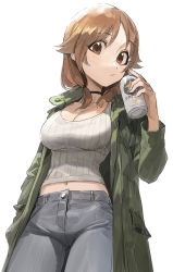 Rule 34 | 1girl, :/, black choker, breasts, brown eyes, brown hair, can, choker, cleavage, coat, commentary, cowboy shot, denim, fingernails, from below, green coat, hand in pocket, highres, holding, holding can, idolmaster, idolmaster cinderella girls, jeans, katagiri sanae, large breasts, long sleeves, looking at viewer, looking to the side, low-cut, low twintails, medium hair, midriff, modare, navel, pants, ribbed sweater, simple background, sketch, solo, sweater, twintails, white background