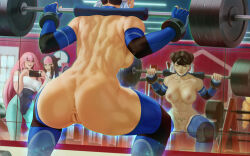 Rule 34 | 3girls, anus, ass, breasts, capcom, chun-li, cleft of venus, clock, han juri, highres, large breasts, multiple girls, nipples, phone, poison (final fight), pussy, street fighter, themaestronoob, weights