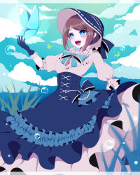 Rule 34 | absurdres, arm behind back, arm up, blue bow, blue butterfly, blue dress, blue gloves, bow, brown hair, bubble, bug, butterfly, button eyes, buttons, cloud, dress, emma woods, frilled dress, frilled sleeves, frills, gem, gloves, grass, hair ornament, hairband, hat, hat bow, hat ornament, highres, identity v, insect, lolita fashion, looking at another, looking to the side, open mouth, pearl (gemstone), puffy short sleeves, puffy sleeves, short hair, short sleeves, smile, tamaaaaaaa