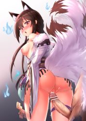 Rule 34 | 1girl, absurdres, animal ear fluff, animal ears, anus, ass, back, bar censor, bare shoulders, blush, bottomless, breasts, breasts out, brown hair, censored, chinese clothes, cleft of venus, commentary request, detached sleeves, fang, fox ears, fox tail, from behind, fur trim, girls&#039; frontline, gmkj, gradient background, gradient eyes, hair between eyes, highres, imminent penetration, imminent vaginal, looking at viewer, looking back, multicolored eyes, multiple tails, official alternate costume, open mouth, pussy, pussy juice, sash, sidelocks, sitting, small breasts, solo, spread legs, tail, thigh strap, type 79 (girls&#039; frontline), type 79 (nine-tail fox) (girls&#039; frontline), wide sleeves, yellow eyes
