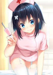 Rule 34 | 1girl, bed sheet, black hair, blue eyes, breasts, butterfly hair ornament, closed mouth, commentary request, cross, curtains, dress, garter straps, hair between eyes, hair ornament, hat, highres, holding, holding syringe, indoors, komori kuzuyu, leaning forward, looking at viewer, medium breasts, nurse, nurse cap, original, pink dress, pink hat, rivier (kuzuyu), short sleeves, smile, solo, syringe, thighhighs, white thighhighs