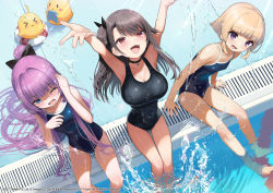 Rule 34 | 3girls, :d, arm support, armpits, arms up, azur lane, black choker, black one-piece swimsuit, black ribbon, blue eyes, blue one-piece swimsuit, blunt bangs, breasts, brown hair, choker, cleavage, covered navel, fang, feet, flat chest, from above, grozny (azur lane), hair ribbon, highres, kaedeko (kaedelic), large breasts, leaning to the side, long hair, manjuu (azur lane), multiple girls, one-piece swimsuit, one eye closed, open mouth, oppai loli, outstretched arms, pamiat merkuria (azur lane), partially submerged, pool, purple eyes, purple hair, ribbon, short hair, side ponytail, sitting, skin fang, smile, splashing, swimsuit, tashkent (azur lane), very long hair, water, wet