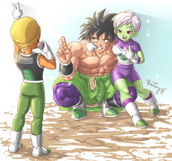 Rule 34 | 1girl, 2boys, abs, armor, black eyes, black hair, boots, bosstseng, breasts, broly (dragon ball super), camera, cheelai, colored skin, dragon ball, dragon ball super, dragon ball super broly, facial scar, finger in another&#039;s mouth, green skin, grin, hat, lemo (dragon ball), light, medium breasts, mouth pull, multiple boys, muscular, open mouth, orange skin, red eyes, scar, scar on cheek, scar on face, short hair, signature, size difference, smile, squatting, topless male, v, white footwear, white hair