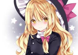 Rule 34 | 1girl, bad id, bad pixiv id, black hat, black jacket, blonde hair, blush, bow, closed mouth, hair between eyes, hair bow, hat, hat bow, jacket, kirisame marisa, long hair, looking at viewer, nanase nao, purple bow, smile, solo, star (symbol), starry background, touhou, upper body, witch hat, yellow eyes