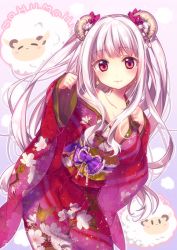 Rule 34 | 1girl, blush, bow, breasts, cleavage, earrings, floral print, hair bow, horns, japanese clothes, jewelry, kimono, long hair, md5 mismatch, obi, off shoulder, original, red eyes, rihanna stia, riichu, sash, sheep horns, silver hair, smile, solo