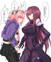 Rule 34 | 1boy, 1girl, ^ ^, armor, astolfo (fate), astolfo (memories at trifas) (fate), ball busting, bdsm, black bow, black pantyhose, black skirt, bodysuit, bow, braid, breasts, cbt, clenched teeth, closed eyes, commentary request, covered navel, cowboy shot, crotch grab, drawstring, fate/apocrypha, fate/grand order, fate (series), from side, grabbing, hair between eyes, hair bow, hand on own hip, highres, hood, hooded jacket, jacket, large breasts, long braid, long hair, midriff, miniskirt, official alternate costume, pantyhose, parted lips, pauldrons, pink hair, pleated skirt, pom pom (clothes), profile, purple hair, purple jacket, red eyes, scathach (fate), shoulder armor, simple background, skirt, speech bubble, standing, tears, teeth, thighs, translation request, trap, very long hair, watarase piro, white background