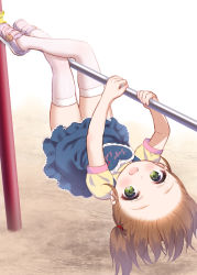 Rule 34 | 1girl, :d, blue dress, brown hair, child, chitosezaka suzu, clothes writing, commentary request, crossed legs, day, dress, green eyes, horizontal bar, loafers, looking at viewer, open mouth, original, outdoors, puffy short sleeves, puffy sleeves, shirt, shoes, short sleeves, sleeveless, sleeveless dress, smile, solo, thighhighs, twintails, upside-down, white background, white footwear, white thighhighs, yellow shirt