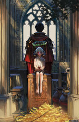Rule 34 | 2boys, alcohol, architecture, armor, arms at sides, back-to-back, bare legs, barefoot, black hair, black shorts, blue eyes, blurry, book, bookshelf, box, branch, brick wall, candle, candlestand, cape, commentary, cup, demon horns, depth of field, drinking glass, flower, foot dangle, gothic architecture, halo, hands on lap, heterochromia, holding, holding cup, holding drinking glass, horns, indoors, light frown, looking at viewer, looking away, looking outside, male focus, monokubo, multiple boys, multiple horns, on box, original, pauldrons, pillar, pointy ears, red armor, red cape, red eyes, robe, rope, sack, sheep horns, shirt, shorts, shoulder armor, sitting, sitting on box, sitting on object, sleeveless, sleeveless shirt, standing, stone pillar, tattoo, tunic, twitter username, vase, wheat, white hair, white shirt, window, wine, wine glass, wooden box, wreath