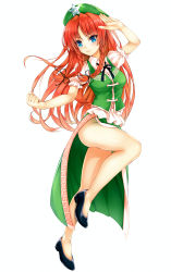 Rule 34 | 1girl, bad id, bad pixiv id, bare legs, blue eyes, braid, chinese clothes, collared shirt, fighting stance, hat, highres, hong meiling, kitou kaitai, long hair, puffy short sleeves, puffy sleeves, red hair, shirt, short sleeves, side slit, skirt, skirt set, solo, standing, standing on one leg, star (symbol), tangzhuang, touhou, twin braids, upskirt, very long hair, vest, white background